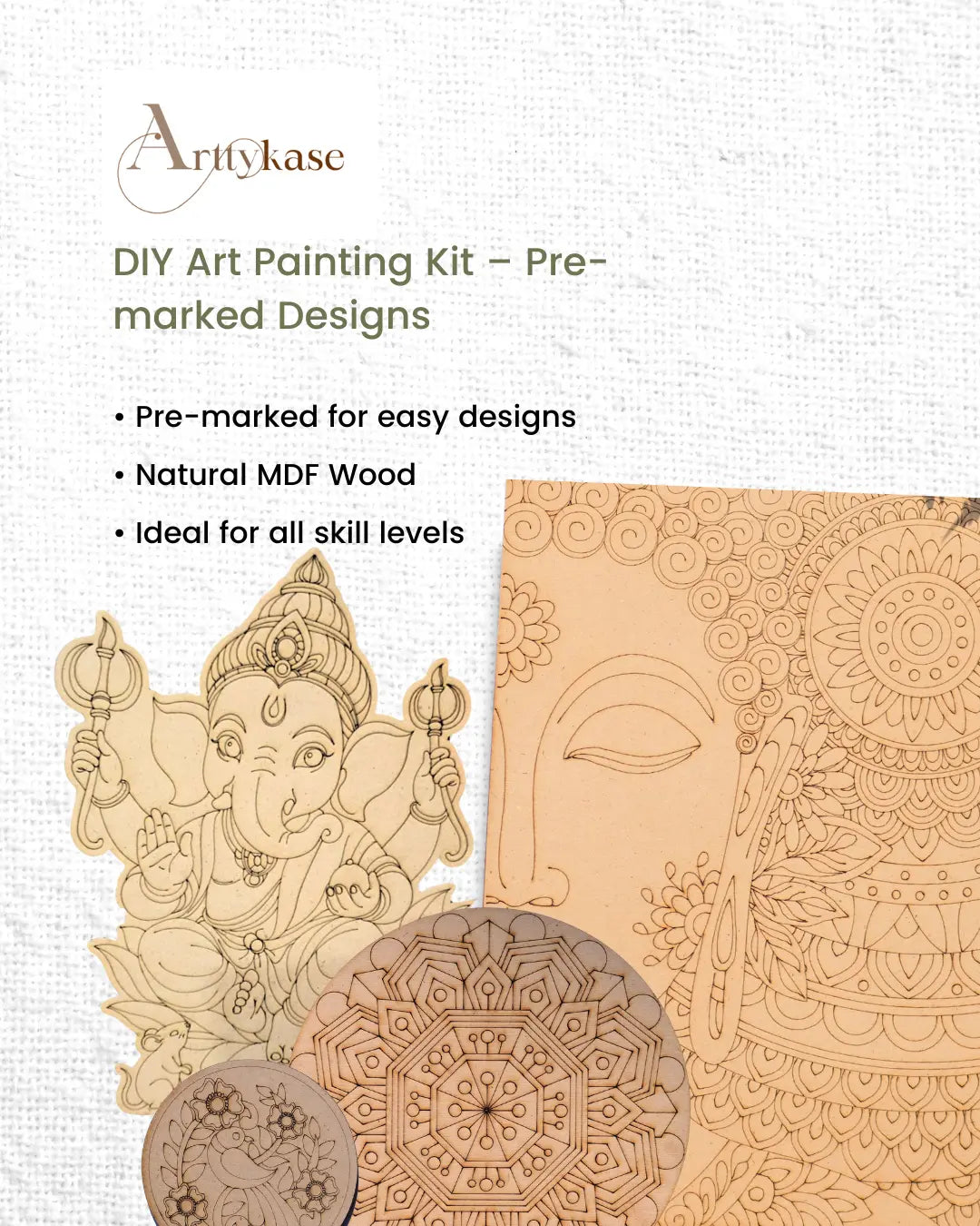 Arttykase premium 4mm natural MDF pre-marked mandala art board - smooth sturdy wooden surface for Indian folk art DIY painting kits, no sketching required