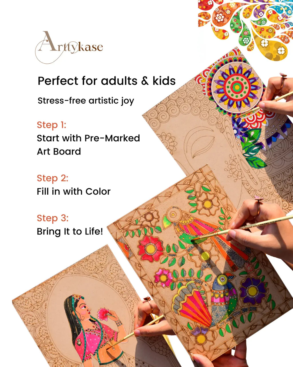 Traditional Indian Folk Art collection - Madhubani, Pichwai and Mughal mandala painting kits with pre-drawn wooden boards and acrylic paints - Arttykase Studio
