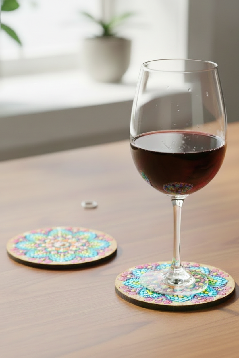 Wine glass resting on a finished hand-painted dot mandala coaster with vibrant Indian folk art geometric pattern on a wooden table - Arttykase